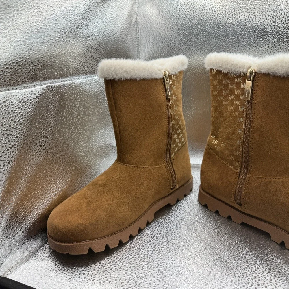 Size 5 Michael Kors Kaysen Winter Fur Logo Brown Girls Mid Calf‎ Zipper Boots